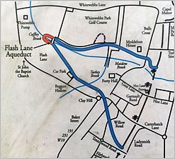 The route (in blue) of the former "Whitewebbs loop" of the New River (from an information board at the Flash Lane aqueduct).