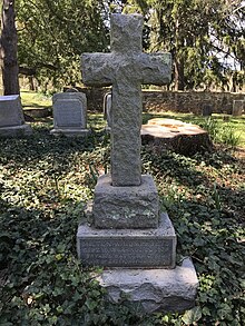 A cross-shaped gravestone.