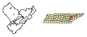 Location of Oliver Springs in Anderson, Morgan, and Roane counties, Tennessee