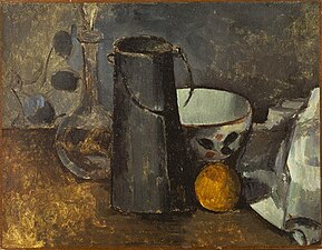 Paul Cézanne, Still Life with Carafe, Milk Can, Bowl, and Orange, 1879–80