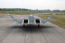 Rear view of the YF 23, the two tile lined exhaust channels can be seen at the center, between the V tails