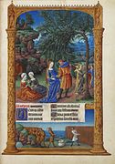 The miracles of the palm tree and corn on the Flight into Egypt, from a book of hours, c. 1400