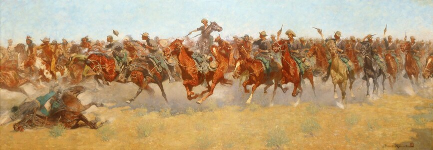 Frederic Remington, The Charge, 1906. At 49 by 137 inches, this was the artist's largest work.[40]