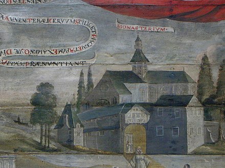 Part of the painting covering the announcement of Saint Divy's birth.