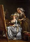 Adélaïde Labille-Guiard, 1785, with two pupils. A "subjects-eye" view of the painter at work. It seems likely that women society portraitists did actually paint wearing fashionable clothes like this.