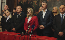 Milica Đurđević Stamenkovski, Boško Obradović, and ten other Dveri and SSZ politicians giving a press conference at the Republic Electoral Commission on 4 November 2023