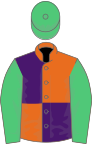 Orange and purple quartered, emerald green sleeves and cap