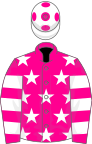 Magenta, white stars and hoops on sleeves, white cap, magenta spots