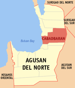 Map of Agusan del Norte with Cabadbaran highlighted