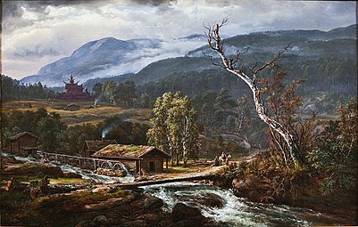 «Landskap ved Kaupanger med stavkirke» (Landscape at Kaupanger with stave church) by Johan Christian Dahl, 1847