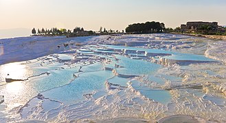 Aegean Region: Pamukkale in Denizli Province has snow-white color from travertine buildup.[335]