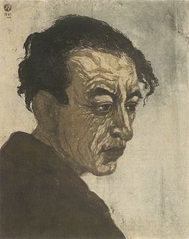 Portrait of Hagiwara Sakutarō, woodblock print by Onchi Kōshirō, 1943