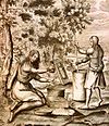 Iroquois women at work grinding corn or dried berries – 1664