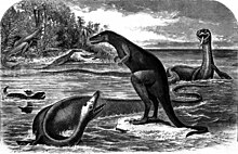 Inaccurate drawing of various prehistoric creatures, two of which are confronting each other in the foreground