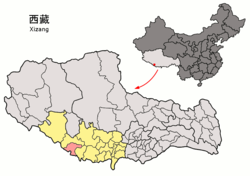 Location of Gyirong County (red) within Xigazê City (yellow) and the Tibet Autonomous Region