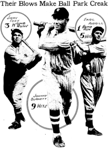Newspaper illustration of Jimmie Foxx, Johnny Burnett, and Earl Averill