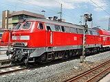 Regional-Express hauled by Diesel locomotive of class 218 in Worms on its way to Mainz