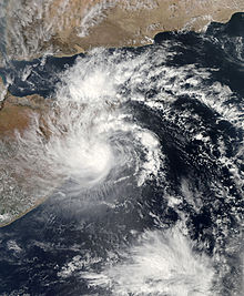 Deep Depression ARB 01 slightly east of the coast of Somalia on November 10, 2013. The system does not feature an eye and is relatively small.