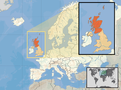 Location of Scotland/Archive 25 (inset — orange) in the United Kingdom (camel) in the European continent (white)