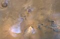 Dust tower on Mars between Olympus Mons and Valles Marineris.