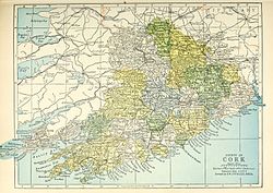 Barony map of County Cork, 1900; Ibane and Barryroe barony is in the middle of the south coast, coloured yellow.