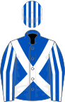 Royal blue, white cross sashes, striped sleeves and cap