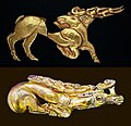Image 27Scythian golden deer shield ornaments from the Iron Age 6th century BC found in Hungary. Above, the Golden Deer of Zöldhalompuszta is 37 cm, making it the largest Scythian golden deer known. Below, the Golden Deer of Tapiószentmárton. (from History of Hungary)