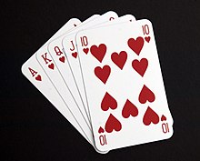 Five playing cards – the ace, king, queen, jack and ten of hearts – spread out in a fan.