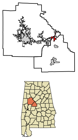 Location of Woodstock in Bibb County and Tuscaloosa County, Alabama.