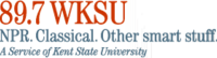 Three lines of text, all in serif font. The first line, colored red, reads "89.7 WKSU". The second line, colored blue, reads "NPR. Classical. Other smart stuff." The third line, in italics, reads, "A Service of Kent State University"