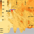 Location of Arak and altimetric profile through the gorges