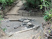 Stepping stones across dry Corte Madera Creek on trail from Trail Lane to Mapache Drive Trail, Portola Valley July 2021