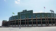A photo of Lambeau Field from the parking lot