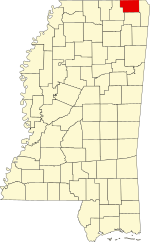Map of Mississippi highlighting Alcorn County
