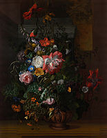 Rachel Ruysch, Roses, Convolvulus, Poppies, and Other Flowers in an Urn on a Stone Ledge (1680s)