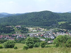 View of Muszyna from Mount Malnik with bridge over Poprad river, part of the Poprad Landscape Park