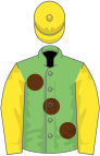 Light green, large brown spots, yellow sleeves and cap