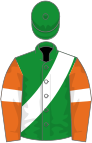 Green, white sash, orange sleeves, white armlets, green cap