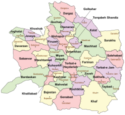 Location of Taybad County in Razavi Khorasan province (bottom right, green)