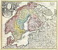 Image 26Homann's map of the Scandinavian Peninsula and Fennoscandia with their surrounding territories: northern Germany, northern Poland, the Baltic region, Livonia, Belarus, and parts of Northwest Russia. Johann Baptist Homann (1664–1724) was a German geographer and cartographer; map dated around 1730. (from History of Norway)
