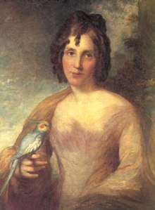 Painting of Gould with a cockatiel perched on her right hand