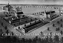 Poster showing buildings on a military academy campus from an aerial perspective