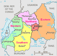 Map of Rwanda showing the five provinces in various colours, as well as major cities, lakes, rivers, and areas of neighbouring countries
