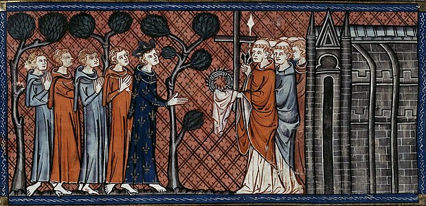 Louis IX receives the crown of thorns and other sacred relics for the Sainte-Chapelle (14th century illustration)