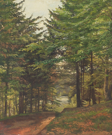 landscape painting of unpaved road through pine forest