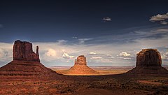 The Mittens and Merrick Butte (right foreground) form a triangle in Monument Valley.