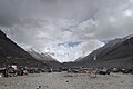 Tent village established for tourists' convenience called Everest Base Camp, in Tibet. It is the furthest that private cars can go. Mount Everest can be seen in the background.