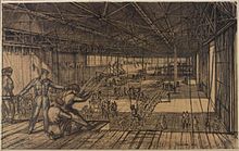 Parachute Training at Ringway (1945) by painter Patrick Hall shows an interior view of paratroopers undergoing training in a hangar at the Parachute Training School at RAF Ringway.