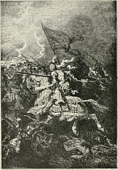 A black and white engraving of a mounted knight charging