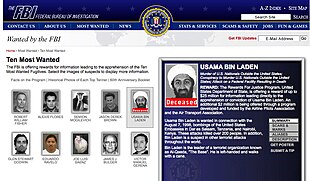 : FBI Ten Most Wanted Fugitives web page on the Federal Bureau of Investigation (FBI) website, listing Osama bin Laden as deceased.
